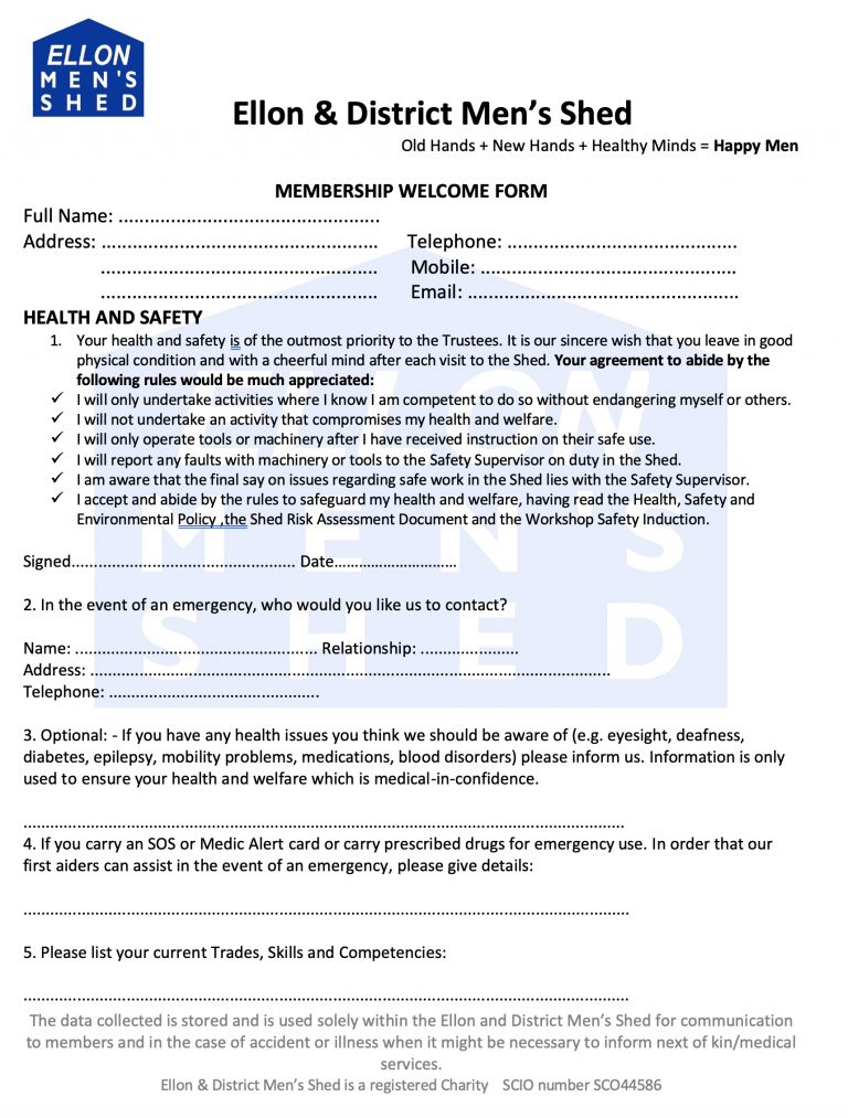 Membership form Ellon and District Men